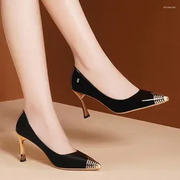 Dress Shoes Comem Pointed Toe Stilettos Office Ladies Basic Luxury Women's High Heels 2024 Women Pumps Gold Metal Heel 34