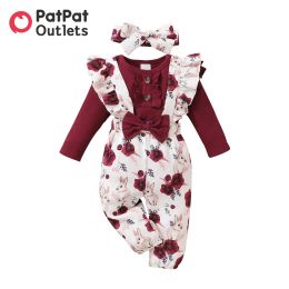 Sets PatPat 3pcs Newborn Baby Girl Clothes Supplies New Born Romper Jumpsuits 95% Cotton DLongsleeve Ruffle Overalls Headband Set