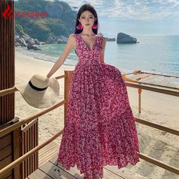 Casual Dresses 2024 Summer Holiday Beach High Waisted V-neck Print Floral Long Dress Women Elegant Sleeveless Suspender Evening Party