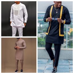 2024 Mens Elegant Suit Shirt Pants 2-piece Two-piece Set Round Neck Stitching Solid Colour Party Long Sleeve African Ethnic Styl 240411
