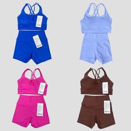 lululemenly Two Pieces Women Yoga Set Backcross Sport Bra Fitness Tank Top High Waisted Workout Tights Biker Gym Shorts Tracksuits Activewear