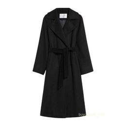 Women's Coat Cashmere Coat Luxury Coat MAX Maras Womens Black Casual Luxury Lace Up Mid Length Wide Flip Neck Coat