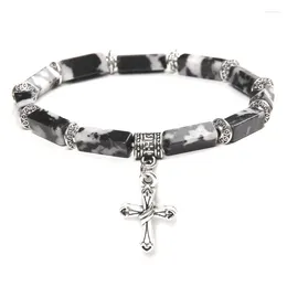 Charm Bracelets Classic Cross For Men Long Cube Shape Black Beads Bracelet Natural Stone Tiger Eye Jesus Bangles Jewelry