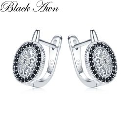Earrings Black Awn Classic Silver Colour Oval Black Trendy Spinel Engagement Hoop Earrings for Women Jewellery Bijoux I149