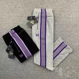 Men's Pants Men Women 1:1 Clothing Purple Striped Webbing Grey Embroidery Butterfly Track AWGE Trousers Needles Elastic Waist