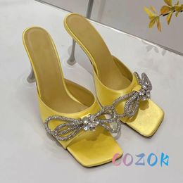 Slippers Sexy Yellow Silk Square Peep Toe Plated Heel Leather Lined Women's High Quality Mules Summer Large Size Party Shoes
