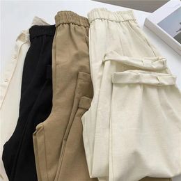 Women's Pants Women Harem Summer Casual Vintage Cotton Linen Elastic Waist Wide Leg Fashion Loose Pockets Female Trousers S-XL