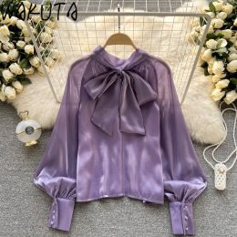 Glasses Wakuta Mesh Temperament Silk Blouses Long Lantern Sleeve Transparent Purple Apricot Bowknot Ribbon Spring Elegant Shirts Tops