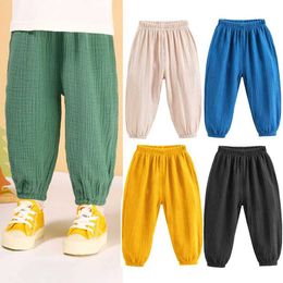 Trousers Summer Korea Children Pants Casual Girls Boys Cotton Linen Solid Colour Loose Pleated Pant Hight Waist Harem H240423