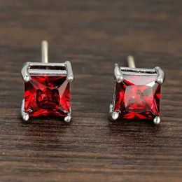 Charm 2023 New Shiny Red Square Cubic Zirconia Stud Earrings for Women Fashion Silver Colour Geometry Brides Wedding Jewellery Party Gift Y240423