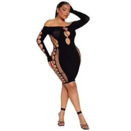 NEW Designer Sexy Hollow Out Dress Women Off Shoulder Mini Dresses Summer Bodycon Mesh See Through Dress Night Club Wear Wholesale Clothes