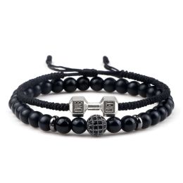 Strands 2pcs/Set Men Beaded Bracelet 6mm Charm Nature Onyx Stone Braided Strand Dumbbell hread Bracelets Women Barbell Fitness Jewelry