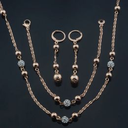 Strands Women Bead Cubic Zircon Ball 585 Rose Gold Colour Jewellery Bracelet Necklace Earrings Set