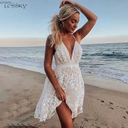 Urban Sexy Dresses Summer Sundress White Floral Embroidery Mesh Lace Sexy Backless Beach Dress Clothes For Women 2022 New Arrival FashionL2404