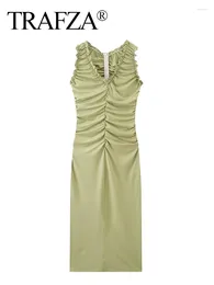Casual Dresses TRAFZA Summer Woman Solid Slim Evening Party Women Elegant V-Neck Folds Decorate Sleeveless Back Zipper Midi
