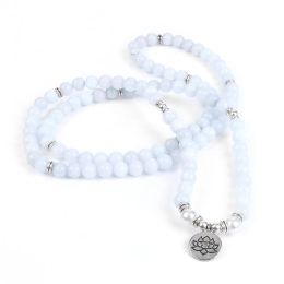 Strands Women Bracelet Natural Stone Bracelet Beads Aquamarin with Lotus Charm Yoga Bracelet 108 Mala Necklace for Men Women