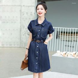 Party Dresses Short Sleeved Women Denim Dress With Belt 2024 Summer Mini Single Breasted Turn-Down Collar Slim Jean Shirt