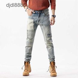 Trendy Brand Needle Sewn Jeans Mens Patchwork Slim Fit Small Straight Leg Heavy-duty Embroidery Ruffian and Handsome Personalized Pants 2WIK