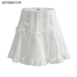 Skirts KEYANKETIAN 2024 Launch Women's Bow Lace Decoration White High-Waisted Skirt Mori Girl Style Side Zipper Slim Mini Skort