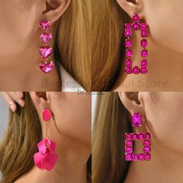 Dangle Chandelier Hot Pink Rhinestone Statement Drop Dangle Earrings For Women Luxury Designer Geometric Large Pendants Wedding Party Jewelry Gift d240323