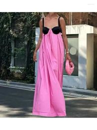 Casual Dresses Holiday Style Ladies Elegant Straight Pink Long Womens Pachwork Colour Spring Summer Fashion White Elastic Dress