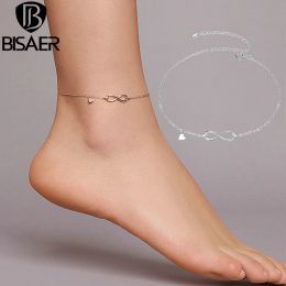 Anklets BISAER Infinity Love Anklets 925 Sterling Silver Geometric Heart Chain Anklets For Women Feet Leg Chain Link Jewelry ECT019