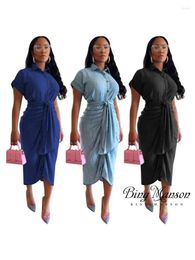 Work Dresses 2024 Spring Women's Fashion Casual High Elastic Fold Strap Short Sleeve Polo Neck Denim T-shirt Dress Y2K Long
