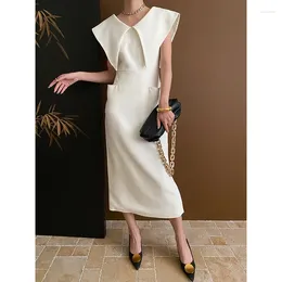 Casual Dresses 2024 Women Summer Big Collar Design Sleeveless Long Dress V-Neck Solid Colour Fashion Maxi Vestidos