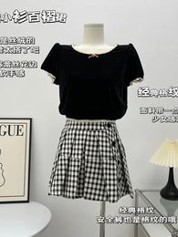 Work Dresses Japanese Fashion Outfits 2 Piece Skirt Set Black T-Shirts Lace Puff Sleeve Classical Plaid Pleated Chic 2000s Aesthetic