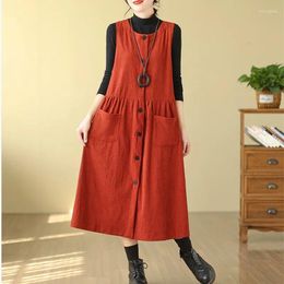 Casual Dresses Korea Style Sleeveless Pockets Corduroy Chic Vintage Autumn Winter Outwear Tank Dress Fashion Women Spring Midi