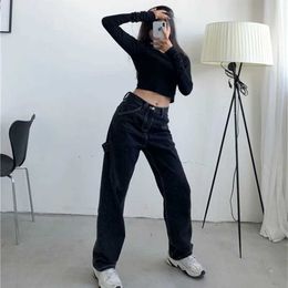 Women's Jeans Autumn Vintage Women Jeans Strtwear High Waist Boyfriend Black Wide Leg Mom Woman Jeans Straight Denim Pants Y240422