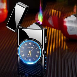 Quartz Dial Led Lighting Dual Arc Power Display Usb Real Watch Charging Without Gas Lighter Men's Tool Gift Torch Accesoires