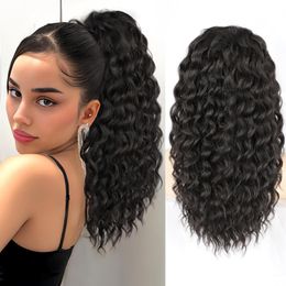 Corn Curly Ponytail Extensions with Magic Paste Wrap Around Body Wave Human Hair Ponytails Extension for Women Natural Colour 18 Inch