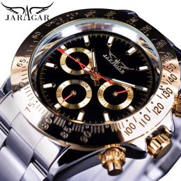 Kits Jaragar Men's Automatic Self Wind Mechanical Watch Golden Bezel Date Stainless Steel Strap Sport Business Watches Clock Relogio