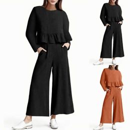 Women's Pants Capris Cotton Linen Long Pant Sets For Women Round Neck Long Slved Pleated Wide Leg Cropped Elegant Female Office Two Piece Set 2023 Y240422