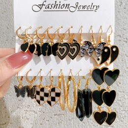 Earrings Black Butterfly Heart Gold Color Dangle Earrings Set for Women Vintage Acrylic Pearl Hoop Earrings 2022 Trendy Jewelry Gifts