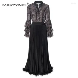 Work Dresses MARYYIMEI Autumn Fashion Lapel Long Sleeves Chiffon Flounce Beaded Shirt Press Pleated Ostrich Feather Skirt 2-Piece Set