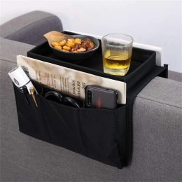 Bins MultiPocket Sofa Couch Tray Armrest Tray Hanging Storage Bag With Pockets And Cup Holder Tray Phone Remote Controller Organizer