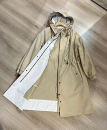 Women's Trench Coats 2024 Classic Ladies Cotton Coat Long Drawstring Hooded Windbreaker Jackets Tops