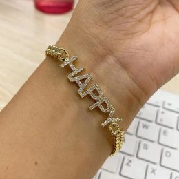 Strands Custom Crystal Name Bracelet With Cuban Chain Personalized Name Bracelet Customized Zirconia Bangles Pave Letter Jewelry Women