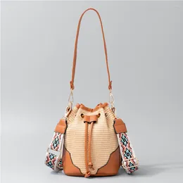 Shoulder Bags Summer Beach Woven Bohemian Straw Weaving Crossbody Bag Ladies Hand-Woven Women Bucket Drawstring Handbag