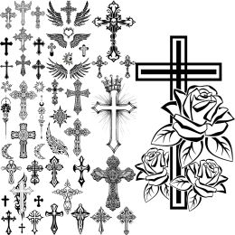 Tattoos Black Cross Temporary Tattoos For Men Adults Realistic Wings Feather Thorn Crown Fake Tattoo Sticker Arm Back Tatoos Waterproof