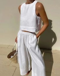 Women Spring Summer Fashion 2024 Holiday Linen Pant Set Crop Tops Solid Outfits Sleeveless 2 Two Piece Matching For 240407