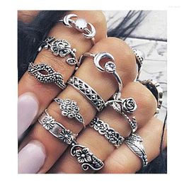 Cluster Rings 11Pcs Vintage Punk Ring Set Antique Silver Color Metal Flower Leaf Midi Women Boho Jewelry Gypsy Adjustable Knuckle