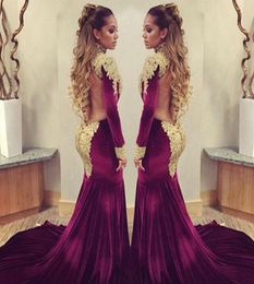 Mermaid Prom Dresses Long Sleeves High Neck Gold Lace Appliques Velvet Party Dresses Evening Wear Open Back Plus Size2307524