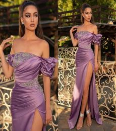 Elegant Purple Evening Dresses with Silver BeadsAppliques Sexy Off Shoulder Ruffles Sleeve Split Mermaid Party Occasion Gowns1676796