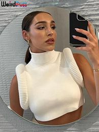 Women's Tanks Weird Puss Feather Spliced Women Crop Tops Sleeveless Turtleneck Sexy Basic Vest Summer Hipsters High Street Y2K Rave