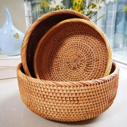 Baskets Handmade Rattan Basket Woven Picnic Food Bread Storage Basket Multipurpose Afternoon Tea Fruit Tray Round Desktop Serving Tray