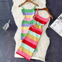 Basic Casual Dresses Rainbow Chic Fashion Sexy Wrap Hips Midi Dress Women Y2K Strip Knitted Bodycon Summer Dress Streetwear Ladies Outfits SundressL2404