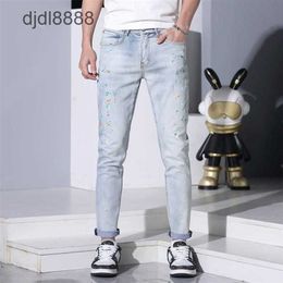 2024 Spring/summer New Jeans Mens Trendy Brand European Goods Spot Paint Spray Painting Slim Fit Small Feet Pants Light
